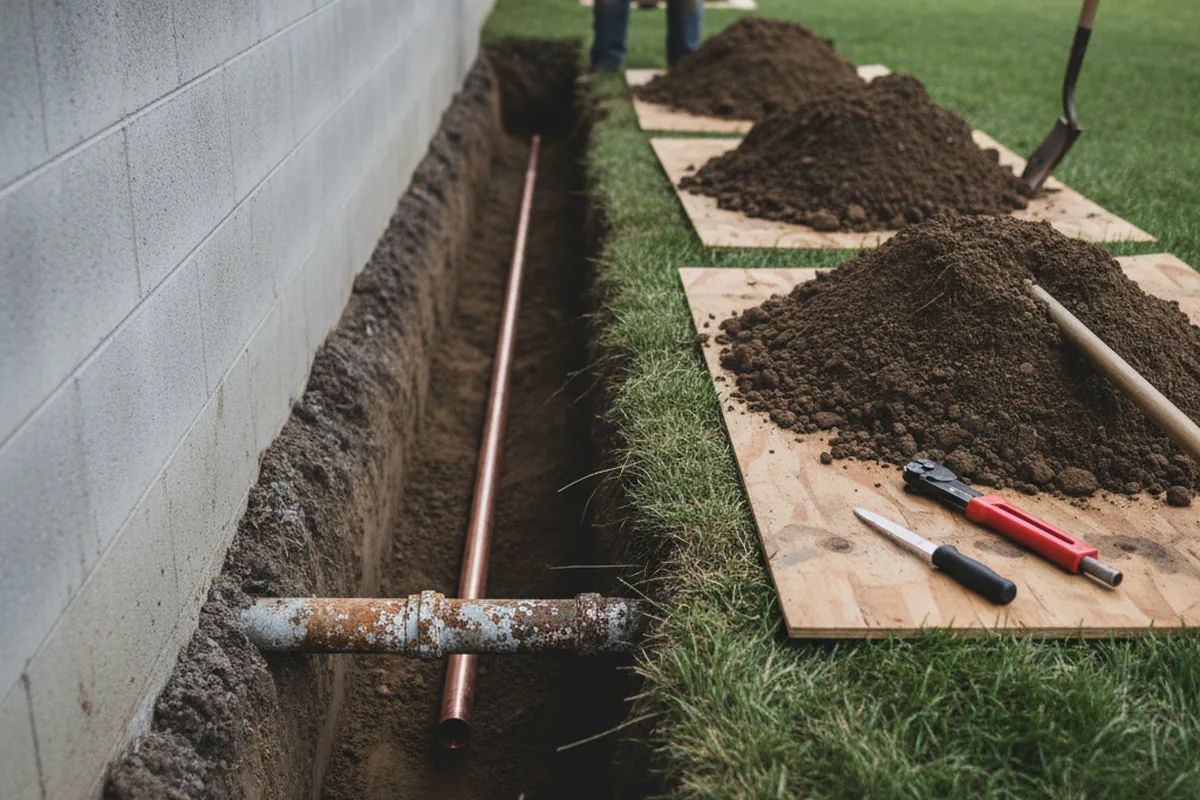 Excavated water line trench during Water Softener Installation in New Philadelphia